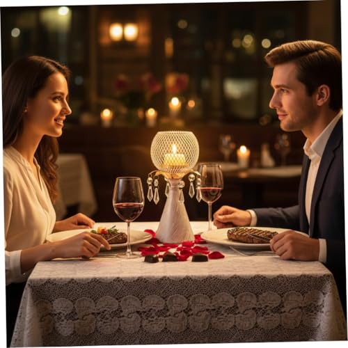 White Gold Metal Mesh Candle Holder with Crystal Pendants, 9.0" Decorative Pedestal Design, Diamond Globe Top, Matte Finish, Candlestick for Home and Holiday Decor & Valentine's Day - color: White