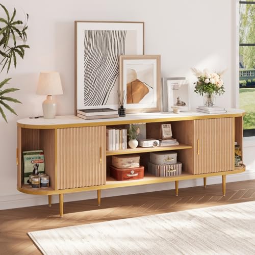 EROMMY 70" Fluted TV Stand, TV Entertainment Center with Storage for TVs Up to 80", Modern TV Console with Faux Marble Top, Curved Design, Tambour Sliding Doors (Natural Oak) - color: Natural Oak