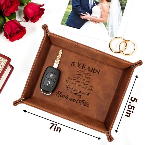 Engraved Leather Tray with Custom Name, Personalized Anniversary Idea for Him and Her, Jewelry Organizer Tray for Dresser, Desk, Nightstand, Office Keepsake Box for Men, Husband - style: Anniversary