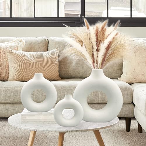 White Ceramic Vases Set 3 for Modern Home Decor,Round Matte Pampas Flower Vases Minimalist Nordic Boho Ins Style for Wedding Dinner Table Party Living Room Office Bedroom, Decorative Gift - color: White, size: Small + Big + Super Large