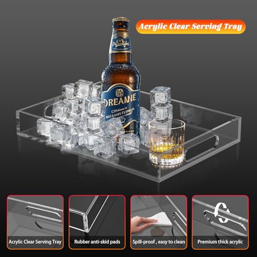 Acrylic Tray for Ottoman,Acrylic Organizers Tray Large, Serving Tray with Handle, Lucite Tray Organizer for Bench, Coffee Table Countertop, Kitchen, Bathroom, Living Room, Powder Room - size: 15" x 9.6" x 1.7"
