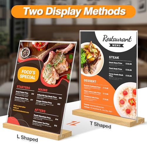 8.5 x 11 Acrylic Sign Holder with Wood Base - Tabletop Display Menu Stand - Clear Plastic L/T Shape Vertical or Slant Back Paper Holders - 3 Pack - style: 8.5x11in 3pack