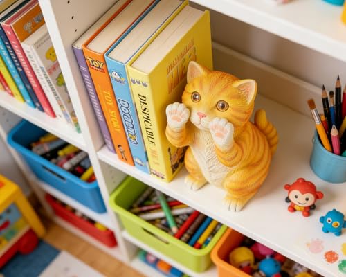 Cute Cat Bookends for Shelves, Heavy Duty Bookends, Decorative Bookends for Kids Books, Non-Skid Design, Orange Cat Statue Enthusiasts Gifts - color: Orange