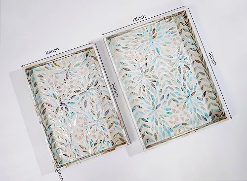 Serving Trays Handmade Trays for Serving Mother of Pearl Inlay Decorative Tray Room Decor, Coffee Table Tray Set of 2 Trays Decor for Ottoman Length 16'' and 14''