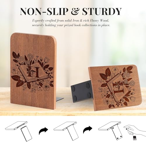 Wood Bookends, Book Ends for Shelves with Decorative Alphabet A and Z Design - Heavy Duty Iron & Ebony Wood Book Ends for Shelves Bookcase Desk - 1 Pair - H - color: H