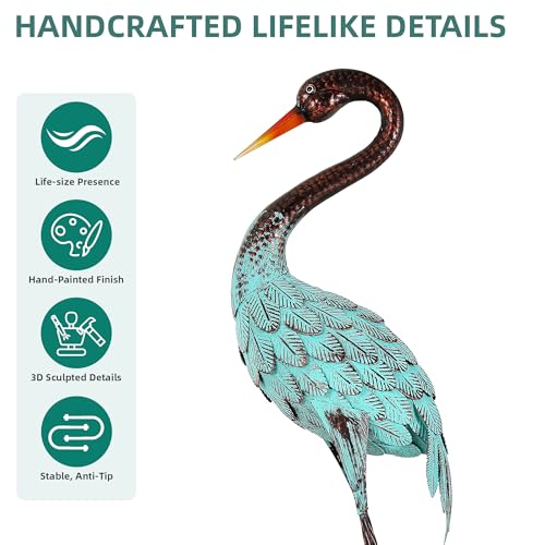 Extra-Large 47.5" Blue Heron Decor, Handcrafted Metal Crane Statue with Stable U-Ground Stakes, Backyard Decoration, Metal Garden Bird Animal Yard Art, Lawn Ornament Decor - color: 47.5" -Distressed Patina Green