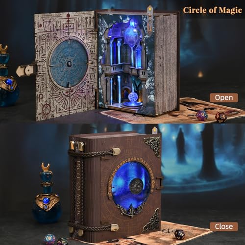 CCCDF Magic Book Nook Kit, Openable Miniature Dollhouse Booknook, 3D Wooden Bookend with LED Light, Wizard Themed DIY Craft Decor for Adults Teens - Circle of Magic - style: Circle of Magic