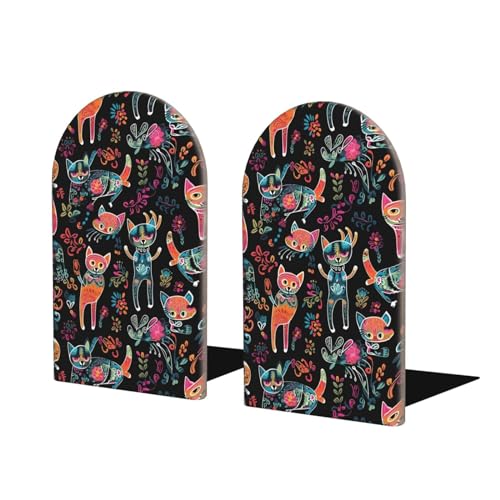 Colorful Cat with Flowers L-Shaped Book Ends 1 Pair Wood Bookends Book End Supports for Heavy Book Shelf Holder Home Decorative - color: Colorful Cat With Flowers