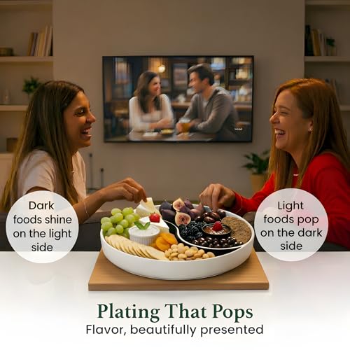 Chip and Dip Serving Tray – Yin Yang Divided Snack & Appetizer Platter with Built-In Dip Bowls, 14” Large Round Hosting Plate for Charcuterie, Fruit, Veggies & Party Snacks