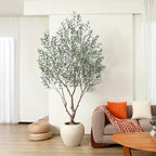 SOGUYI Olive Trees Artificial Indoor, 8 Feet Tall Faux Olive Tree with Round Artisan Planter, Premium Handmade, Realistic Trunk & Lifelike Leaves, Perfect for Large Spaces & Elegant Home/Office Decor