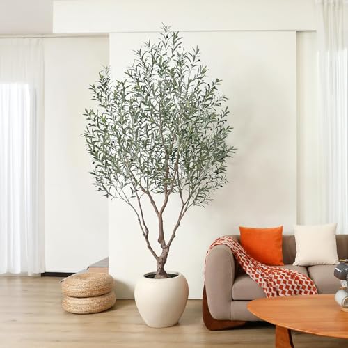 SOGUYI Olive Trees Artificial Indoor, 8 Feet Tall Faux Olive Tree with Round Artisan Planter, Premium Handmade, Realistic Trunk & Lifelike Leaves, Perfect for Large Spaces & Elegant Home/Office Decor