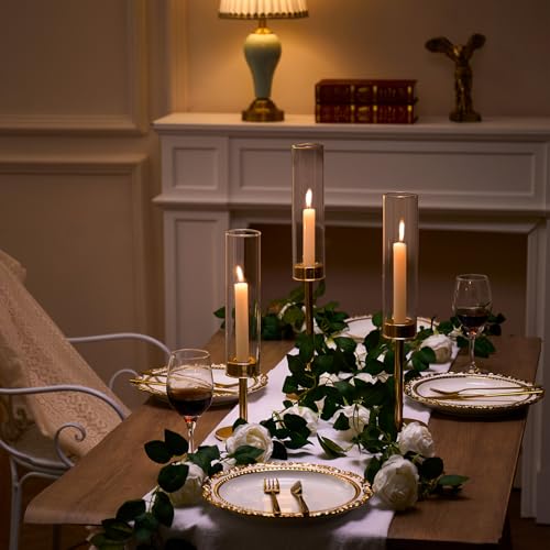 Gold Hurricane Candle Holders Set of 3, Tall Metal & Windproof Glass Taper Candle Holders, Brass Candlesticks Holder Decorations, Table Centerpieces for Weddings, Christmas, Parties, Fireplace Decor - color: Gold