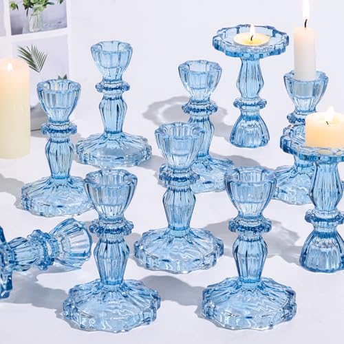 12pcs Taper Candle Holders, Candle Stick Holders, Glass Candle Holder - Vintage Flower Blue Candle Holders for Wedding, Baby Shower & Home Decor (Blue) - color: Blue