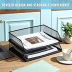 Hicarer 2 Pcs Black Metal Letter Tray Stackable Desk Tray Single Wire Mesh Organizer Front Load File Paper Holder for Desktop Office Home School Classroom (9.84 x 12.8 Inch) - size: 9.84 x 12.8 Inch