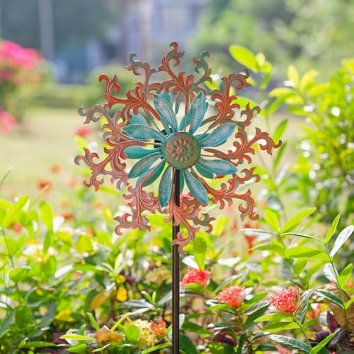Viveta Wind Spinners Outdoor, Metal Wind Sculptures for Yard and Garden,13 * 57 "Double Windmill with Stable Stake - color: 2-copper Green-b