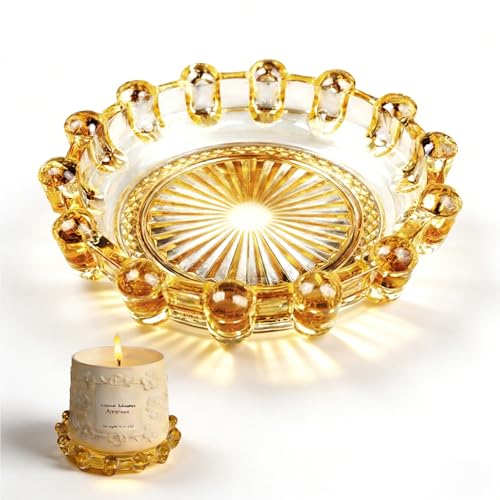 Glass Candle Holder Tray – Decorative Bubble Candle Dish for Home Decor Jewelry Holder Dish Tea Light & Votive Display Glass Plate Accessory - color: Amber
