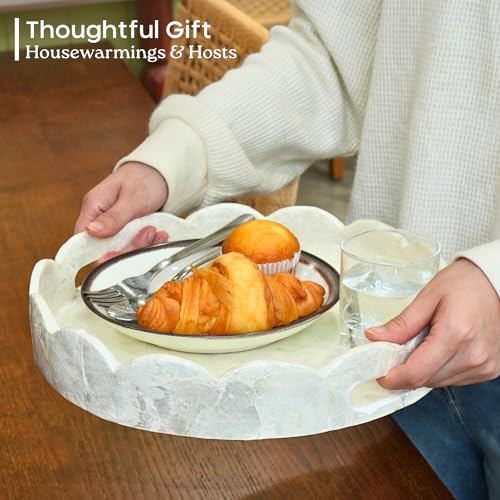 Chi An Home 12.6” White Capiz Shell Round Decorative Tray with Handles, Scalloped Centerpiece for Coffee Table, Decorative Round Tray for Modern Coastal Boho Home Decor