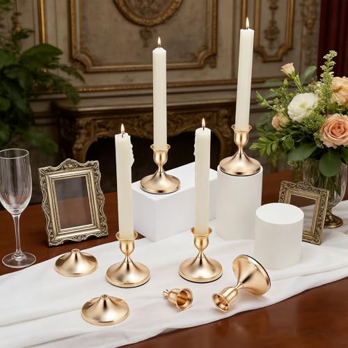 CUTHOLLOW 16 Pcs Metallic Gold Taper Candlestick Holder Vintage Style 2.71x2.83 Inch/6.9x7.2cm Rustproof Alloy for Kitchen Living Room Accent Decor, Golden