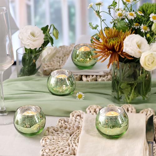 Volens Round Green Votive Candle Holders Set of 12, Green Wedding Centerpiece Table Decorations, Mercury Glass Tealight Candle Holder for Bridal Shower, Baby Shower & Home Decor - color: Green