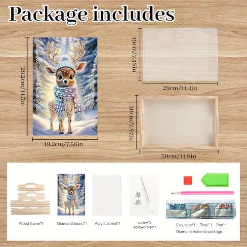 DIY Diamond Art Tray Wooden Pallet kits, Scarf Hat Pretty Deer 5D Cartoon Handle Craft Painting kit, suitable for home, party, bar, Christmas, also can be used as a gift for relatives and friends - color: Fawn