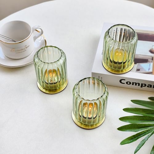 Vixdonos Glass Hurricane Tealight Candle Holder with Metal Candle Stand,Set of 3 Modern Windproof Votive Candle Holders for Wedding Party Table Centerpiece Outdoor,Green - color: Green