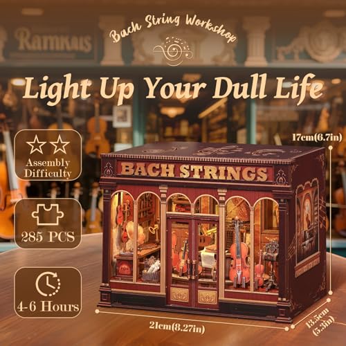 Fsolis Book Nook Kit - DIY Miniature House Kit for Adults, Bookshelf 3D Wooden Puzzles Booknook Music Tiny House Bookshelf Diorama Gifts for Women Readers Book Lovers (Bach Strings) - style: Bach Strings