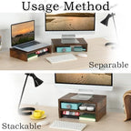 TEAMIX Monitor Riser - 2 Pack, Rustic Brown Wood Adjustable Stand for 2 Monitors/Laptop/PC - color: Brown