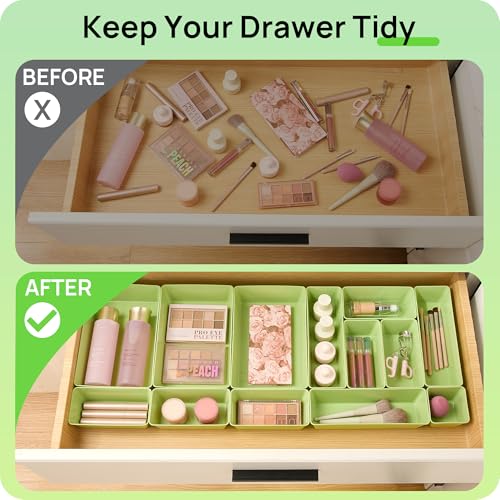 Vtopmart 25 PCS Plastic Drawer Organizers Set, 4-Size Versatile Bathroom and Vanity Drawer Organizer Trays, Storage Bins for Makeup, Bedroom, Kitchen Gadgets Utensils and Office - color: Light Green