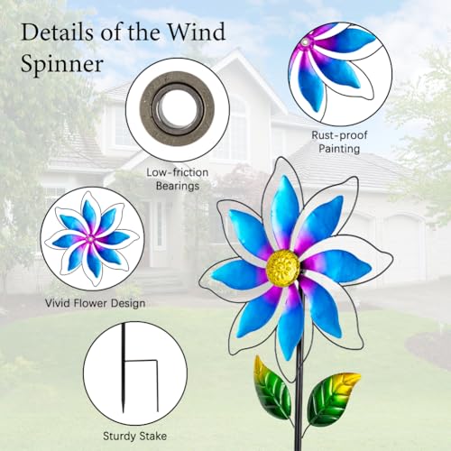 14'' Wind Spinners Outdoor, Flower Metal Garden Wind Spinners Outdoor, Kinetic Wind Sculptures & Spinners for Yard Garden Lawn Decor (Blue) - size: 14'' Blue
