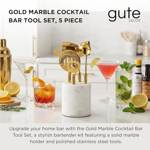 5-Piece Gold & Marble Bartender Kit with Stand, Stainless Steel Bar Tool Set, Includes Jigger, Strainer, Spoon, Bottle Opener Luxury Home Bar Cart Accessories, Luxury Cocktail Decor & Mixer Gift Set - color: Gold
