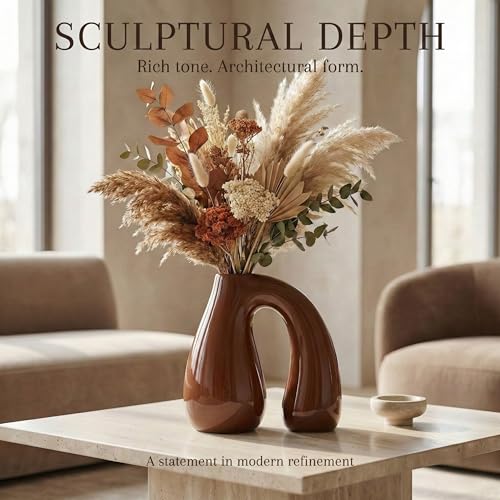 Brown Ceramic Vase for Modern Home Decor, 7.5" Sculptural U-Shape Pitcher Vase with Arch Handle, Small Earth-Tone Aesthetic Flower Vase for Pampas Grass, Dried Flowers, Shelf Entryway Decor PROBENEX - color: Brown