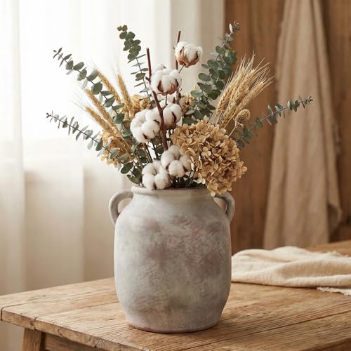 Ceramic Flower Vase with Handle, 7.3 Inch Terracotta Farmhouse Rustic Decor | Waterproof Table Centerpiece for Living Room, Kitchen Shelf & Dining Table | Vintage Pottery Home Decoration - size: 7.3inch