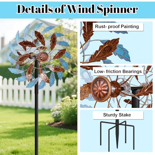 Metal Outdoor Wind Spinner, Wind Sculpture Spinner with Metal Stake, Waterproof 360 Degrees Kinetic Windmill Art Decoration for Patio Garden Lawn (Blue+Brown) - color: Blue+brown
