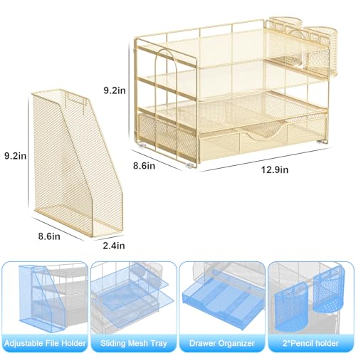 gianotter Desk Organizers and Accessories with File Holder, 4-Tier Desk Accessories & Workspace Organizers with Drawer and 2 Pen Holder, Paper Organizer for Office Supplies(Gold) - color: Gold