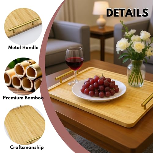 2 Pack Bamboo Serving Tray with Metal Handles, 15.8×11.4“ Solid Wooden Tray for Food, Rectangular Decorative Tray for Ottoman, Coffee Table, Living Room, Bathroom, Party