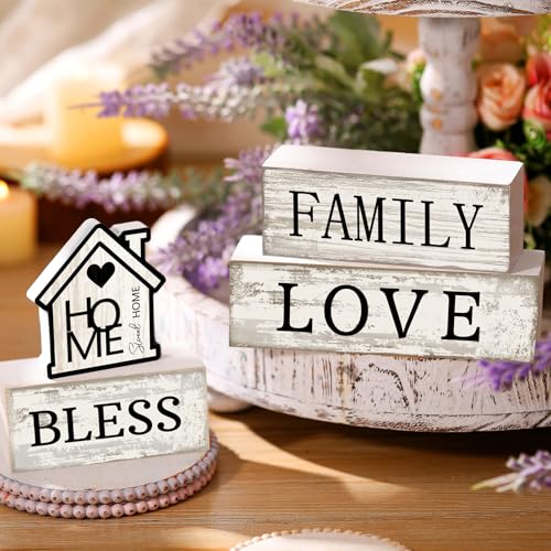 Yuntau 4 Pcs Farmhouse Wooden Tabletop Decor Sweet Home Tiered Tray Decor Rustic Retro Wood Bless Family Love Block Sign Gift Neutral Centerpiece Farmhouse Table Sign for Home Shelf Mantle - style: Sweet Home