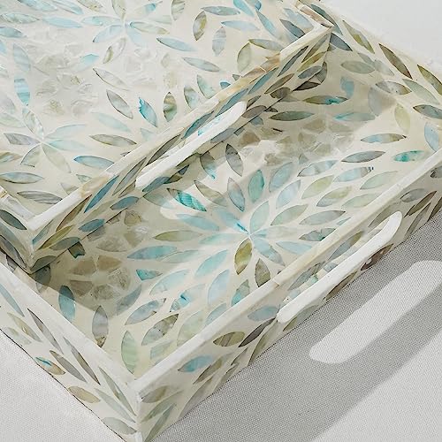 Serving Trays Handmade Trays for Serving Mother of Pearl Inlay Decorative Tray Room Decor, Coffee Table Tray Set of 2 Trays Decor for Ottoman Length 16'' and 14''