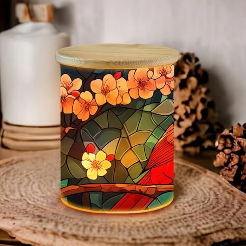 Cardinal Stained Glass Tea Light Holder for Home Decoration, Pink Flower Tealight Candle Holders with Bamboo Lid, Cardinal Bird Votive Candle Jar Memorial Glass Candlesticks - 3.5"x2.8" - color: Cardinal