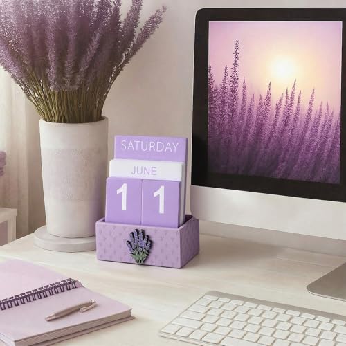 AceOrbit Purple Lavender Wood Block Perpetual Calendar Coquettish Desk Decor Cute Month Week Date Display Decorative Block Calendar for Women Office Home Desk Gift for Women - style: Purple Lavender