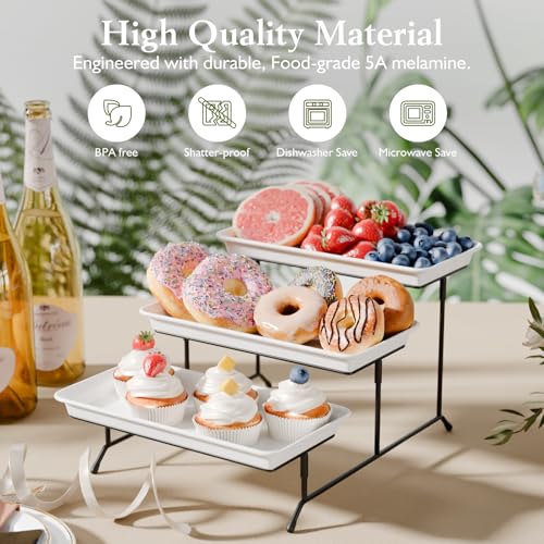3-Tier Melamine Serving Tray Set, 11.5" x 5.6" Platters for Serving Food, White Reusable Trays with Black Metal Display Stand for Cupcakes, Sevring Food, Dessert, Fruit, Cookie, Black - color: Black, size: 11.8" x 5.7"