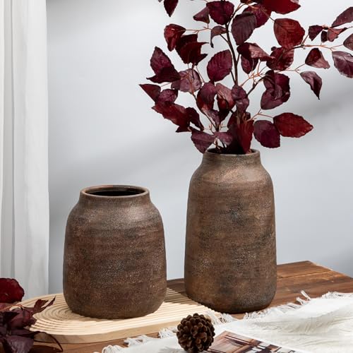 Briful Ceramic Flowers Vase Home Decor, Kitchen Dining Farmhouse Table Vases, Rustic Vintage Living Room Bathroom Bedroom Decorations for Office Coffee Desk Fireplace Shelf Mantel (8.3” Tall, Brown) - color: Brown, size: 8.3 Inch
