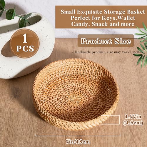 Hushee 1 Pcs Small Round Basket for Entryway Table Woven Wicker Key Bowl Basket Rattan Round Tray Organizing for Key Wallet Cell Phone Fruit Food Holder Decorative Table Storage (Brown) - color: Brown
