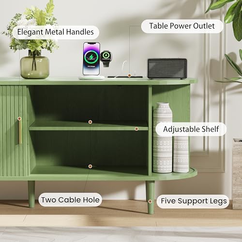 DHH 63 Inch Mid Century Modern TV Stand with Power Outlet for TVs up to 70 Inch, Entertainment Center with Storage and Adjustable Shelves, Media Console with Sliding Doors for Living Room(Green) - color: Green, size: 63 Inch