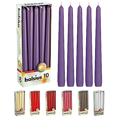 BOLSIUS 10 Inch Purple Taper Candles - 8 Hours Burn Time - Premium European Quality - 10 Pack Unscented Smokeless & Dripless Household Taper Candlesticks - Perfect for Church, Party, & Everyday Use - color: Purple, size: 10 Count