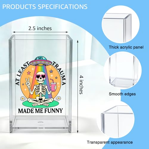 At Least My Trauma Made Me Funny Acrylic Organizer Pencil Pen Holder, Skeleton Acrylic Desk Organizer, Funny Gifts for Therapist Counselor, Mental Health Gifts for Stressed Coworker Student - style: At Least