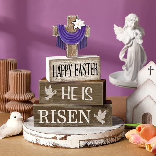 Yuntau 4 Pcs Easter Decorations He Is Risen Wooden Sign Christian Table Centerpiece Religious Cross Tiered Tray Decor Decorative Faux Book Stack Block for Table Fireplace Mantel Floating Shelf - style: Easter