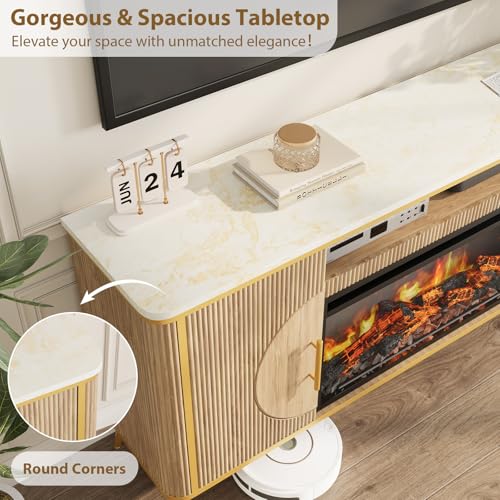 Fluted Fireplace TV Stand Up to 80" TVs, Modern Entertainment Center with 30" Electric Fireplace, Luxury Media Console with Adjustable Shelves for Living Room, Nature Oak - color: Nature Oak