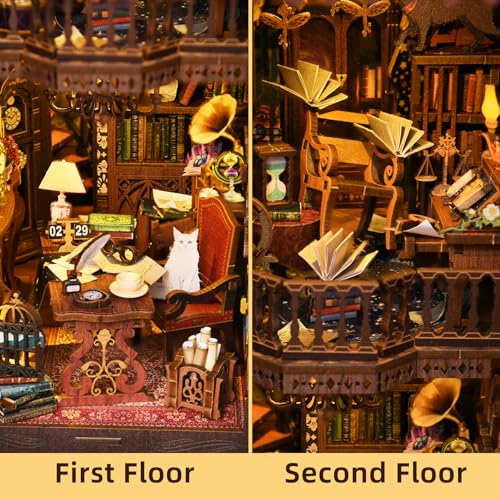 Book Nook Kit, Book Nook Kits for Adults DIY Booknook Model Build, DIY 3D Wooden Puzzle Bookend Booknook Bookshelf Insert Miniature Dollhouse Kit for Home Decoration - style: Magic Time Library