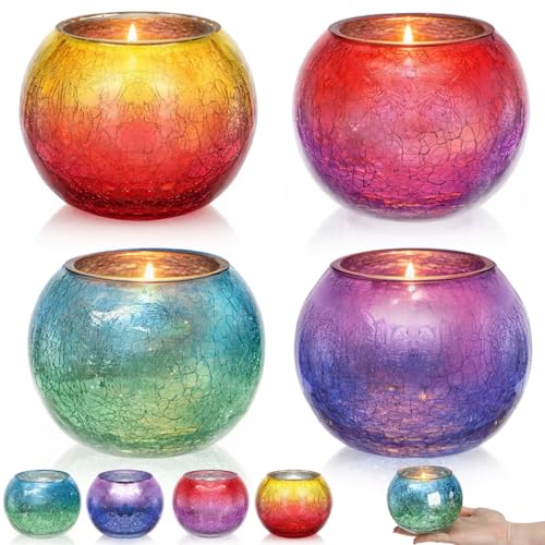 4 Pack Glass Votive Candle Holders, Grandient Tealight Holder, Stained Glass Candle Holder Bowl, Colorful Mosaic Scented Candle Stand for Home Decor Wedding Party Table Centerpieces, 4 Color