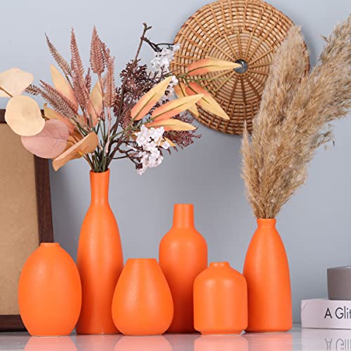 Orange Ceramic Bud Vases Set of 6, Farmhouse Decor, Fireplace Decor, Mantle & Shelf Decor, Home Decoration for Living Room, Entrance, Bathroom, Kitchen & Office, Coffee Table Decor, Bud vases in Bulk - color: Orange Set